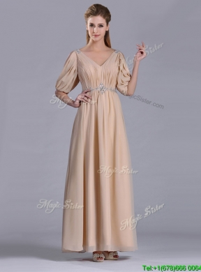 Latest Beaded and Ruched V Neck Long Mother Dress in Champagne