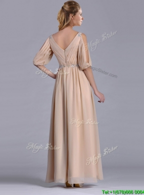 Latest Beaded and Ruched V Neck Long Mother Dress in Champagne