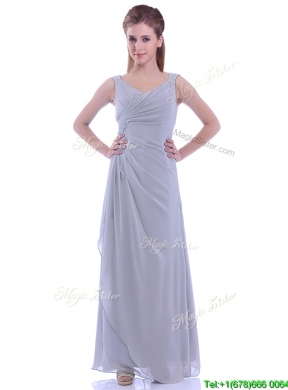 Latest Column V Neck Ankle-length Ruching Mother Dress in Grey