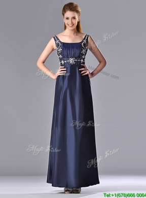 Latest Empire Square Taffeta Beading Long Mother Dress in Navy Blue