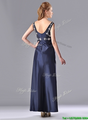 Latest Empire Square Taffeta Beading Long Mother Dress in Navy Blue