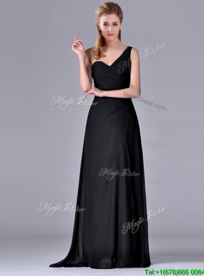 Latest One Shoulder Black Mother Dress with Ruching and High Slit