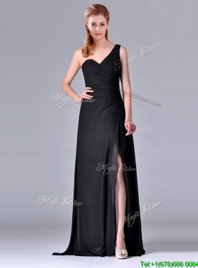 Latest One Shoulder Black Mother Dress with Ruching and High Slit