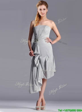 Latest Side Zipper Strapless Silver Mother Dress in Asymmetrical