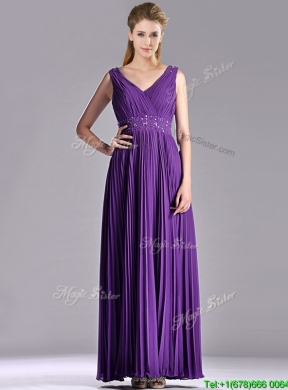 Latest V Neck Purple Mother Dress with Beading and Pleats