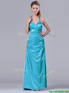 2016 Column Halter Top Elastic Woven Satin Aqua Blue Prom Dress with Ruching