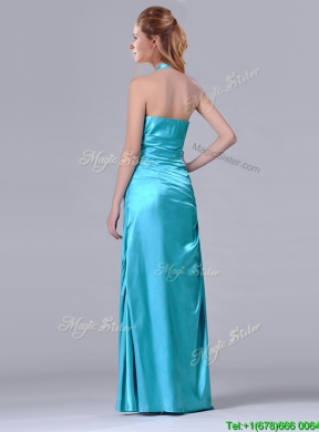 2016 Column Halter Top Elastic Woven Satin Aqua Blue Prom Dress with Ruching