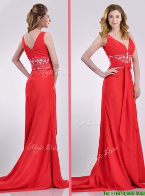 Beautiful V Neck Brush Train Chiffon Beaded Prom Dress in Coral Red