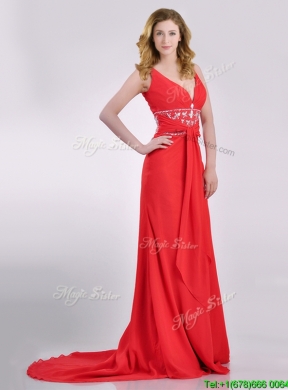 Beautiful V Neck Brush Train Chiffon Beaded Prom Dress in Coral Red