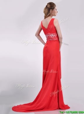 Beautiful V Neck Brush Train Chiffon Beaded Prom Dress in Coral Red