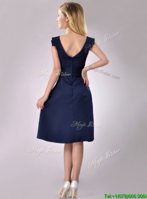 Beautiful V Neck Navy Blue Empire Prom Dress with Cap Sleeves