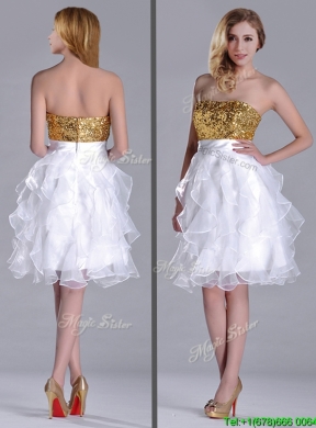 Classical Organza Sequined and Ruffled Prom Dress in White and Gold