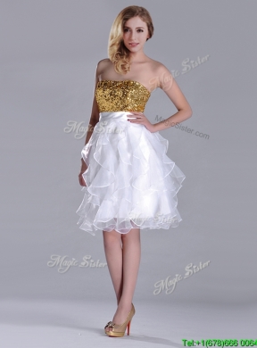 Classical Organza Sequined and Ruffled Prom Dress in White and Gold