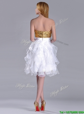 Classical Organza Sequined and Ruffled Prom Dress in White and Gold