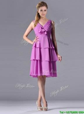 Classical V Neck Lilac Prom Dress with Handcrafted Flower and Ruching