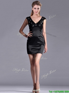 Classical V Neck Satin and Lace Prom Dress with Cap Sleeves