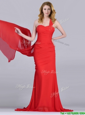 Column One Shoulder Watteau Train Coral Red Prom Dress with Side Zipper