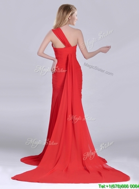 Column One Shoulder Watteau Train Coral Red Prom Dress with Side Zipper