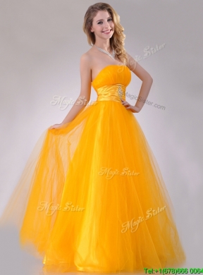 Elegant A Line Beaded Tulle Gold Prom Dress with Lace Up