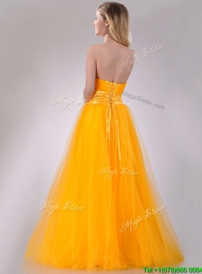 Elegant A Line Beaded Tulle Gold Prom Dress with Lace Up