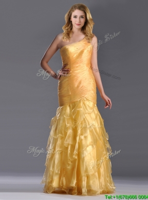 Elegant Mermaid One Shoulder Organza Ruffled Prom Dress in Gold