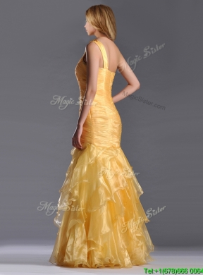 Elegant Mermaid One Shoulder Organza Ruffled Prom Dress in Gold