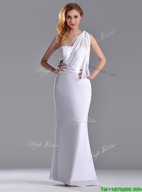 Exclusive Column White Chiffon Backless Prom Dress with One Shoulder