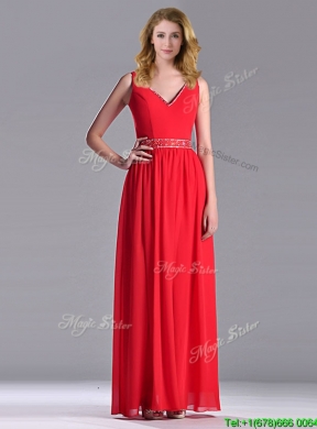 Fashionable V Neck Ankle Length Prom Dress with Beaded Decorated Waist