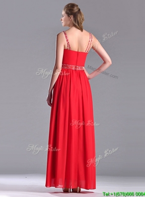 Fashionable V Neck Ankle Length Prom Dress with Beaded Decorated Waist