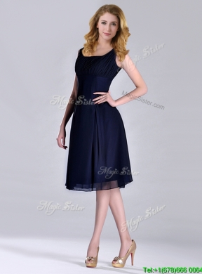 Latest Square Empire Chiffon Navy Blue Prom Dress with Ruching