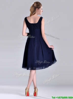 Latest Square Empire Chiffon Navy Blue Prom Dress with Ruching