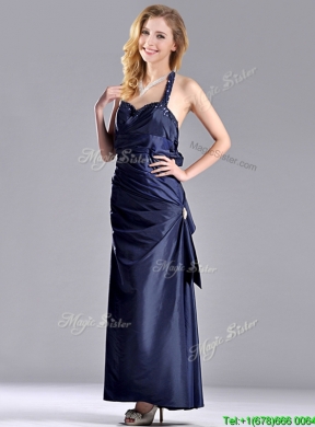 Luxurious Beaded Decorated Halter Top Prom Dress in Navy Blue