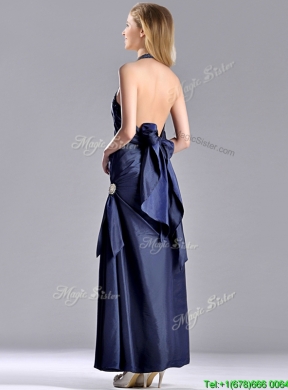 Luxurious Beaded Decorated Halter Top Prom Dress in Navy Blue