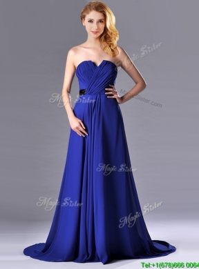 Luxurious Empire Chiffon Royal Blue Prom Dress with Brush Train