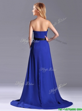 Luxurious Empire Chiffon Royal Blue Prom Dress with Brush Train