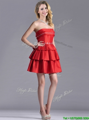 New Arrivals Red Strapless Prom Dress with Ruffled Layers and Beading