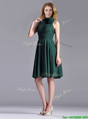 New High Neck Handmade Flower Dark Green Prom Dress with Open Back