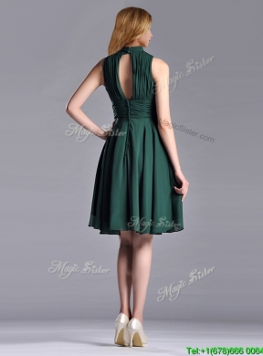 New High Neck Handmade Flower Dark Green Prom Dress with Open Back