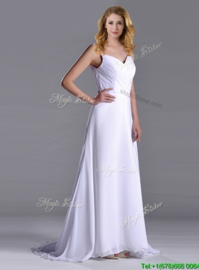 Popular Straps White Chiffon Prom Dress with Brush Train