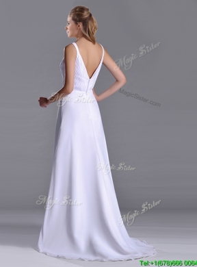 Popular Straps White Chiffon Prom Dress with Brush Train