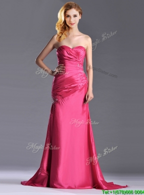 Pretty Beaded and Ruched Coral Red Column Prom Dress with Brush Train