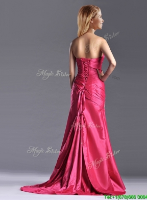 Pretty Beaded and Ruched Coral Red Column Prom Dress with Brush Train