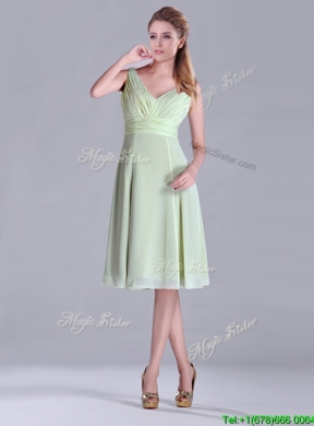 Lovely Tea Length Ruched and Belted Bridesmaid Dress in Yellow Green