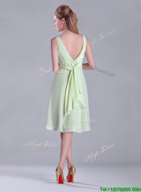 Lovely Tea Length Ruched and Belted Bridesmaid Dress in Yellow Green