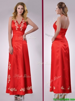 Modest Column Halter Top Backless Red Prom Dress with Appliques