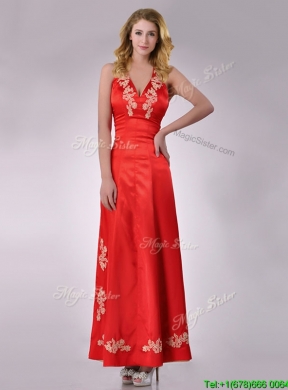 Modest Column Halter Top Backless Red Prom Dress with Appliques