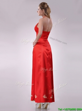 Modest Column Halter Top Backless Red Prom Dress with Appliques