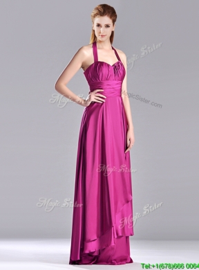 Classical Halter Top Fuchsia Long Prom Dress in Elastic Woven Satin