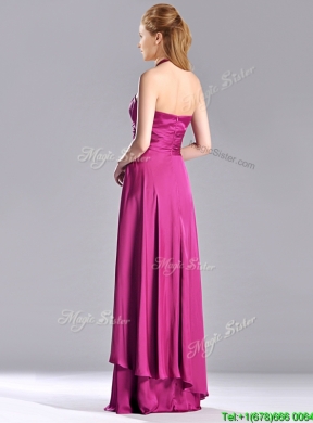 Classical Halter Top Fuchsia Long Prom Dress in Elastic Woven Satin