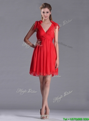 Exclusive V Neck Criss Cross Bridesmaid Dress with Ruching and Bowknot